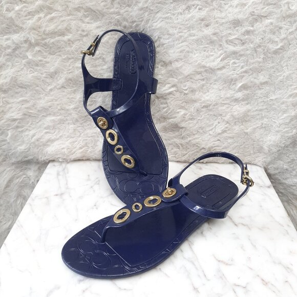 Coach Women’s Navy Blue Gold Phila Jelly Thong Sandals Size 8B - Picture 1 of 6